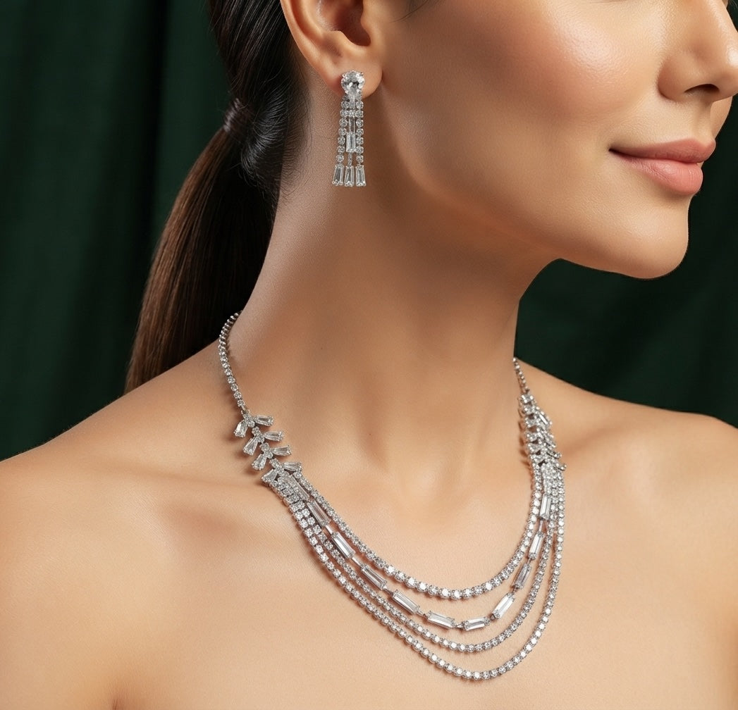 Women Layered Daimond Necklace With Earings Set