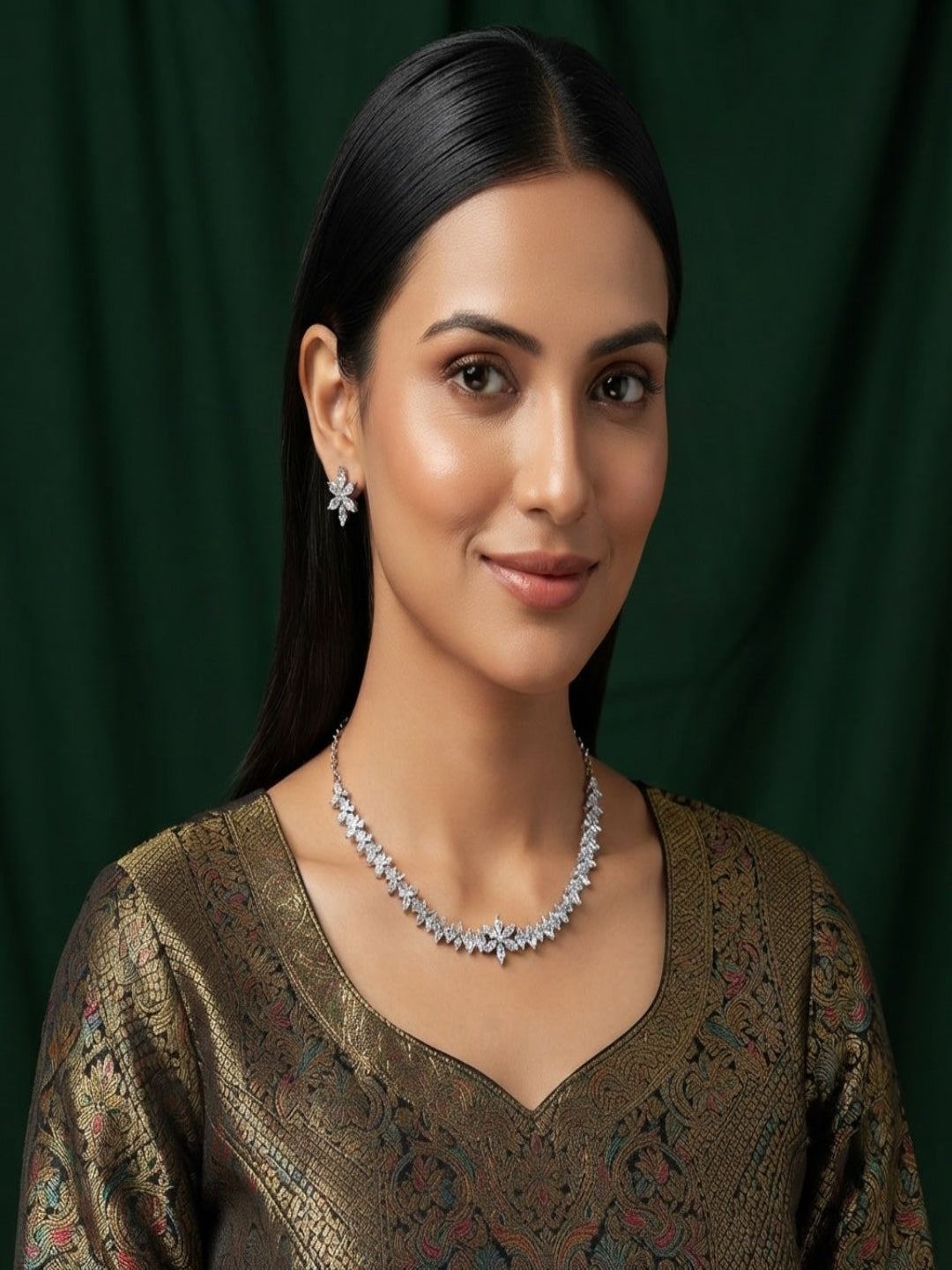 Women Silver Plated American Diamond Jewellery Set