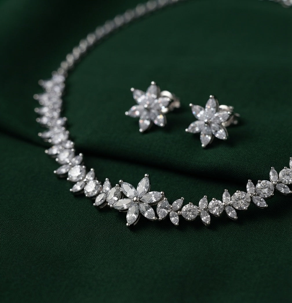Women Silver Plated American Diamond Jewellery Set