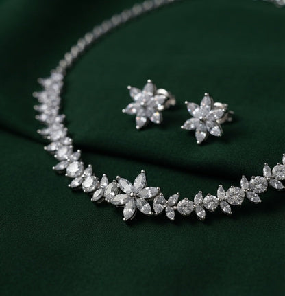 Women Silver Plated American Diamond Jewellery Set