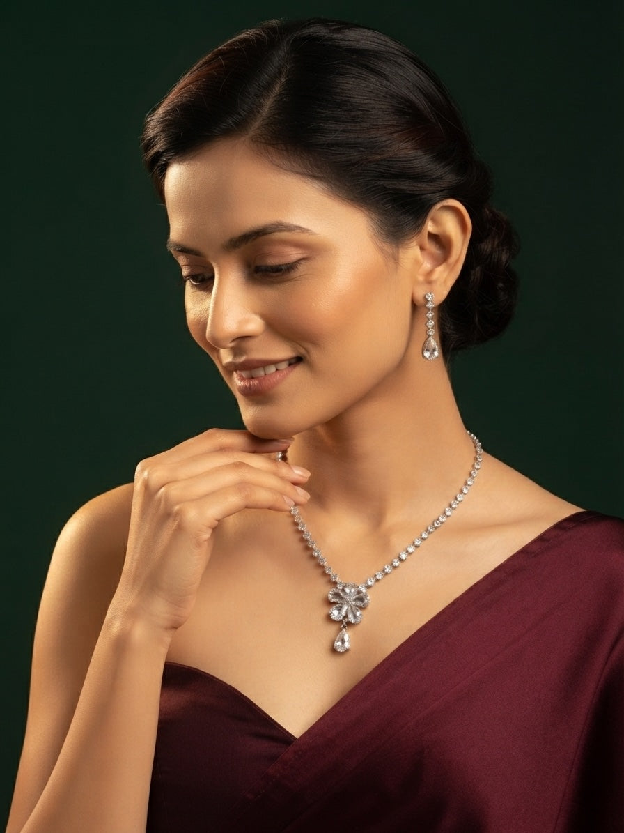 Women Silver Plated Trendy Kundan Jewellery Set