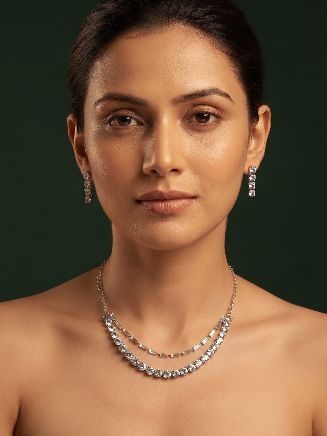 Women Silver Plated American Diamond Jewellery Set