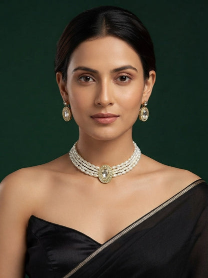 Women Gold Plated Pearls Choker Jewellery Set
