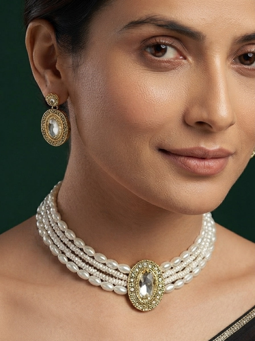 Women Gold Plated Pearls Choker Jewellery Set