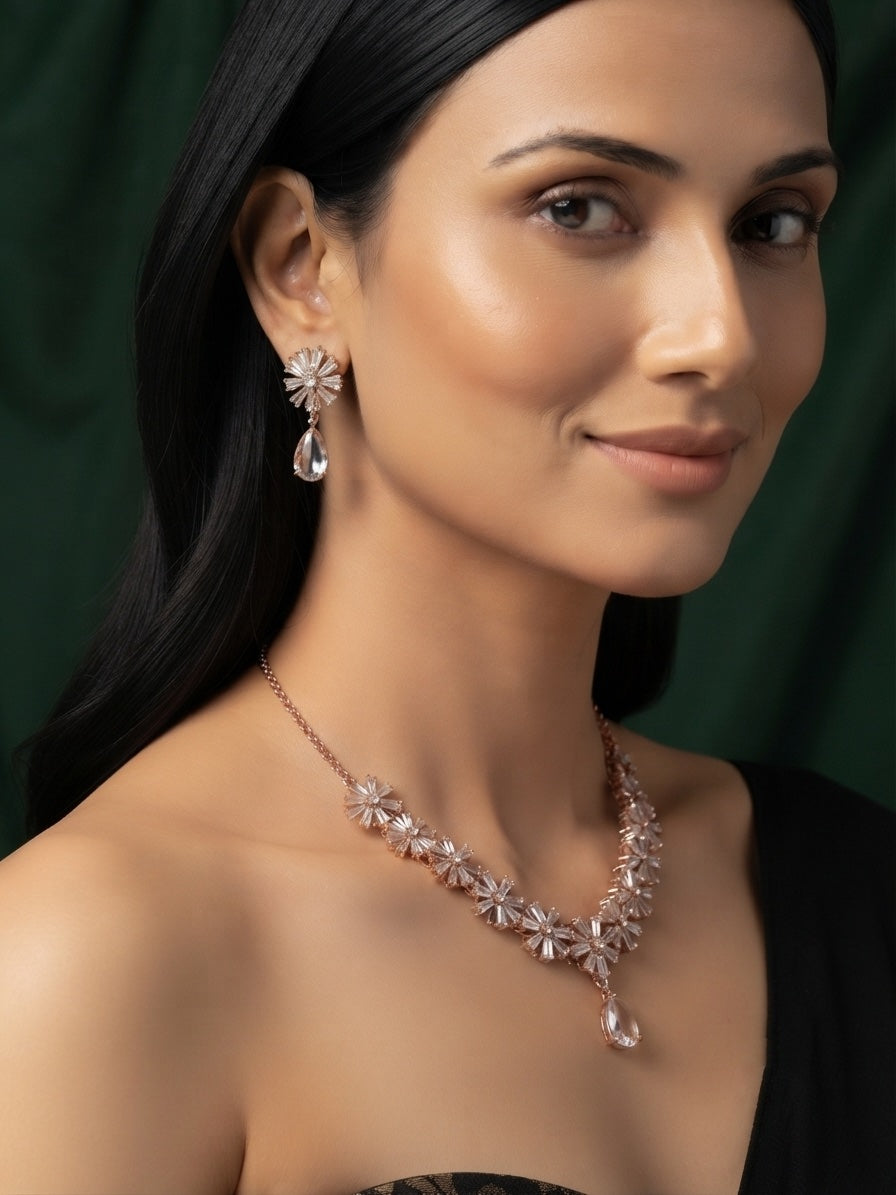 Women Rose Gold American Daimond Jewellery Set