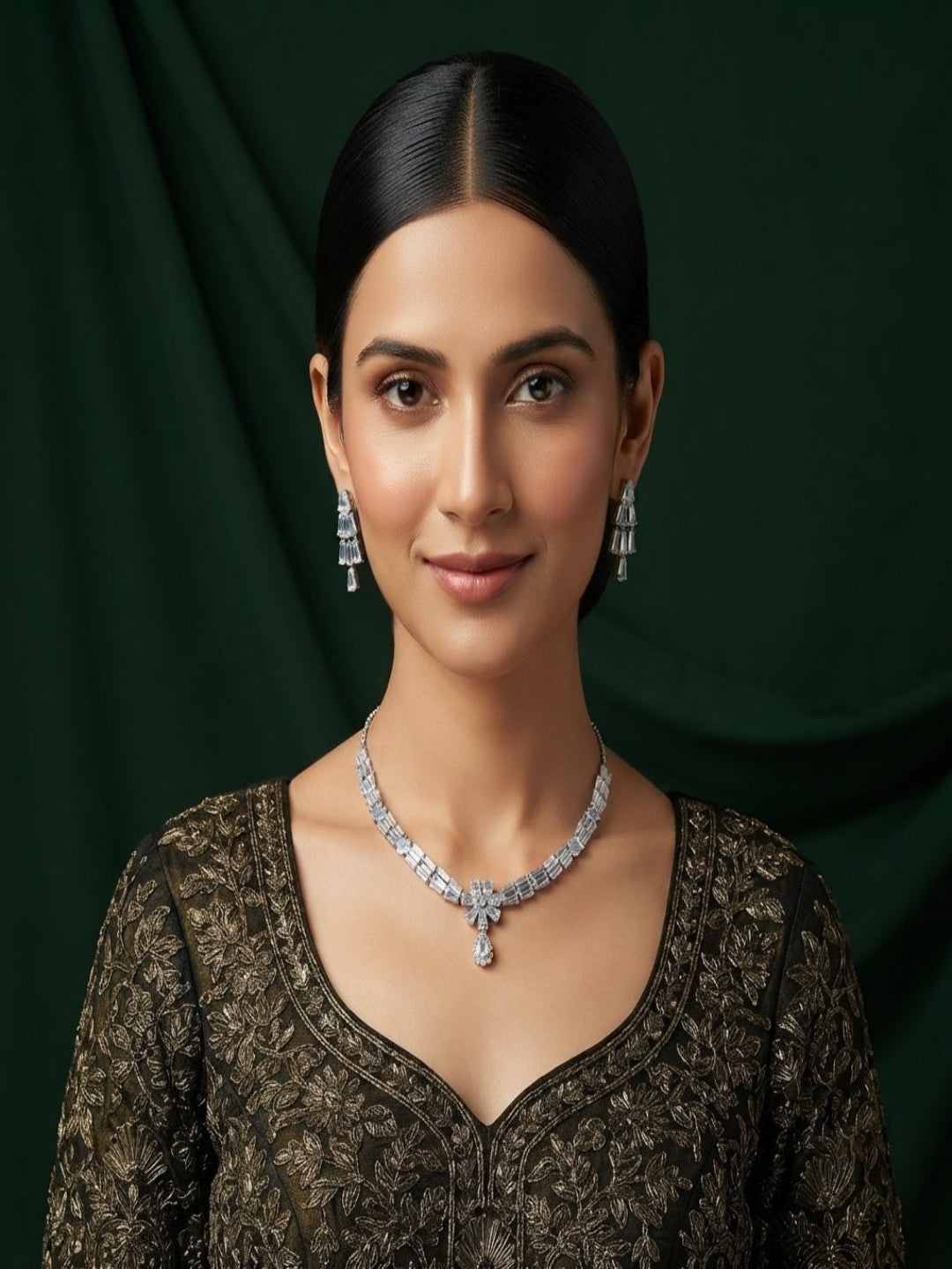 Women Silver Plated American Diamond Jewellery Set