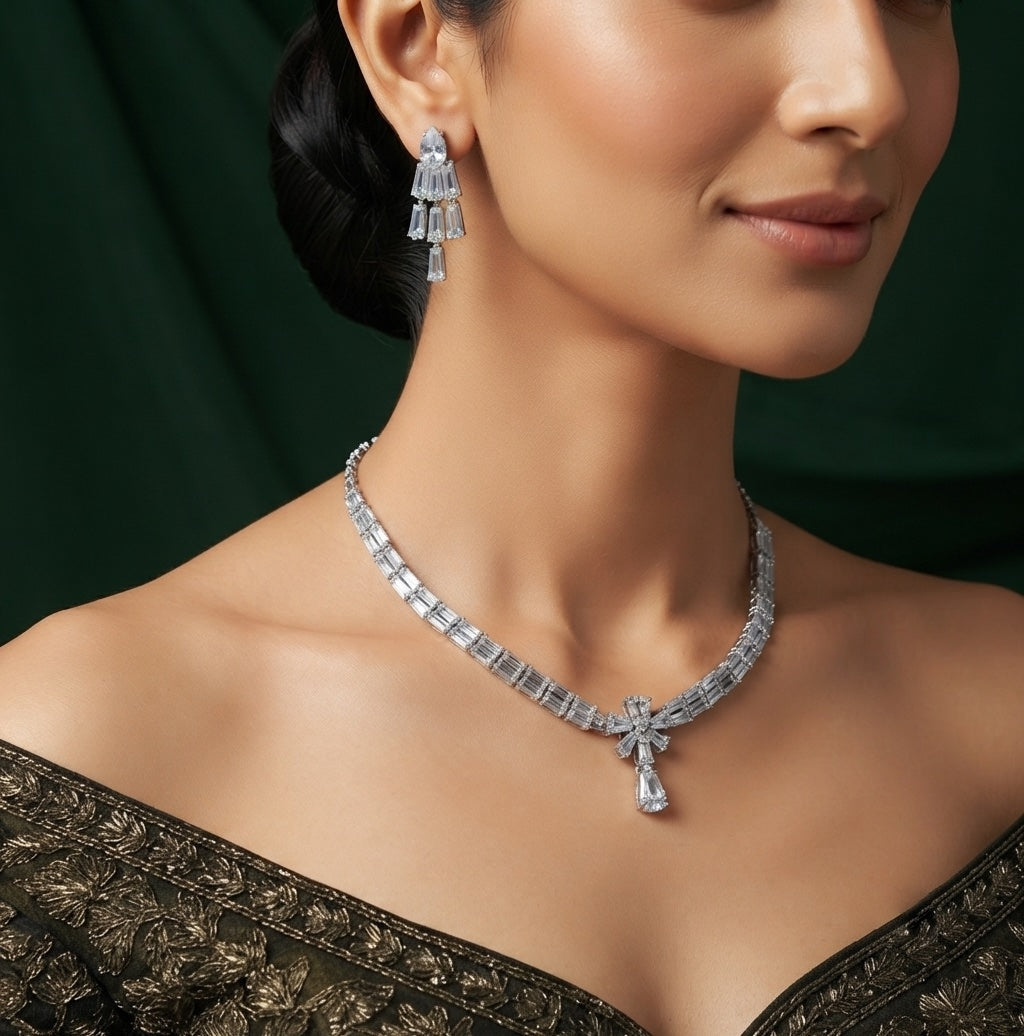 Women Silver Plated American Diamond Jewellery Set