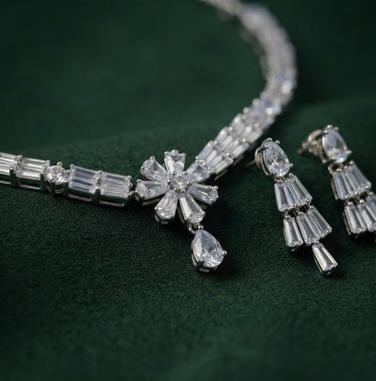 Women Silver Plated American Diamond Jewellery Set