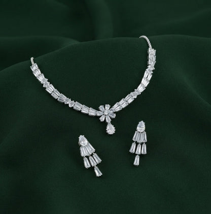 Women Silver Plated American Diamond Jewellery Set