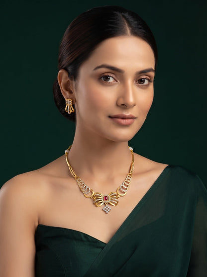 Gold-Toned Bow Design With AD Stone Jewellery Set