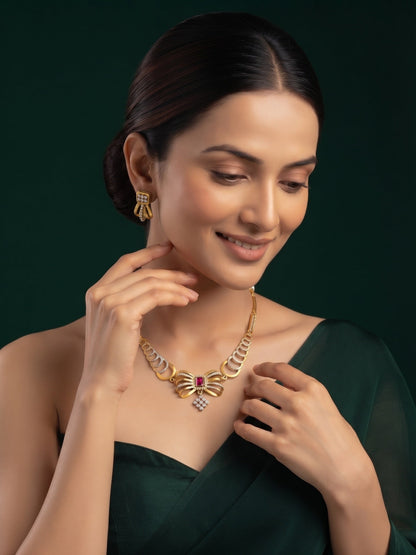 Gold-Toned Bow Design With AD Stone Jewellery Set