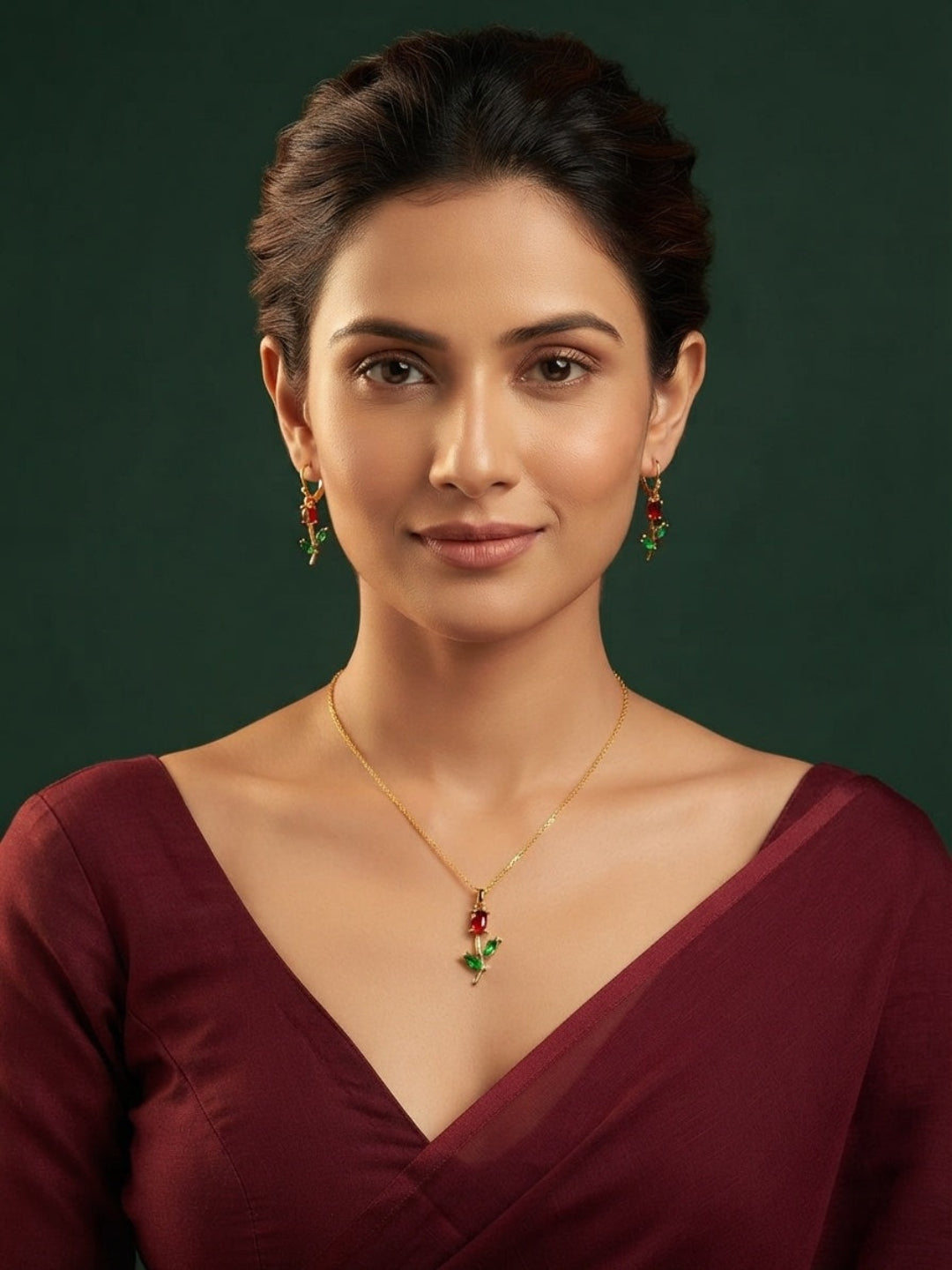 Gold-Toned Floral Pendant Necklace & Matching Earrings Jewellery Set