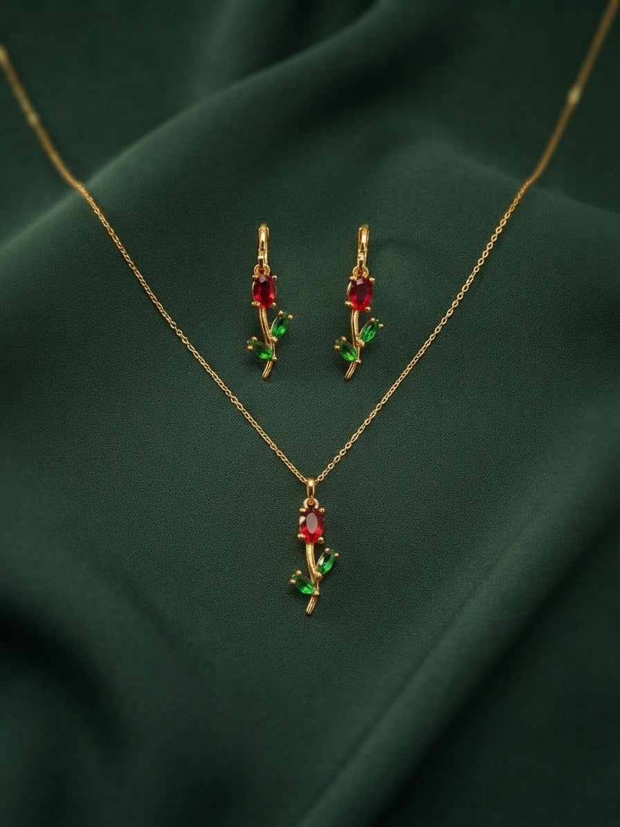 Gold-Toned Floral Pendant Necklace & Matching Earrings Jewellery Set