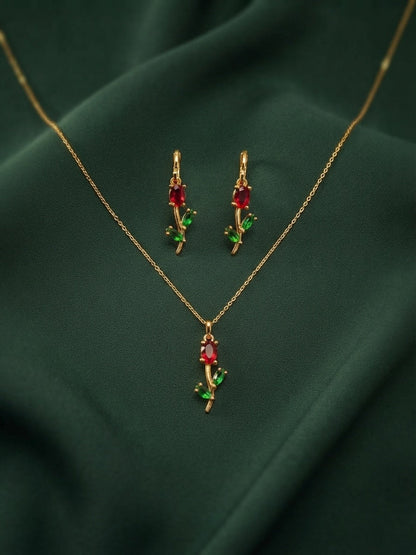 Gold-Toned Floral Pendant Necklace & Matching Earrings Jewellery Set