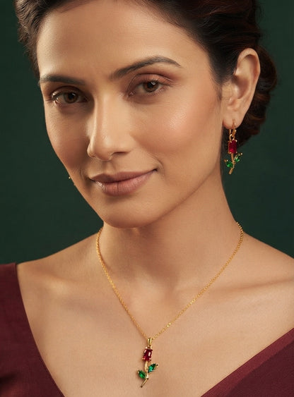 Gold-Toned Floral Pendant Necklace & Matching Earrings Jewellery Set