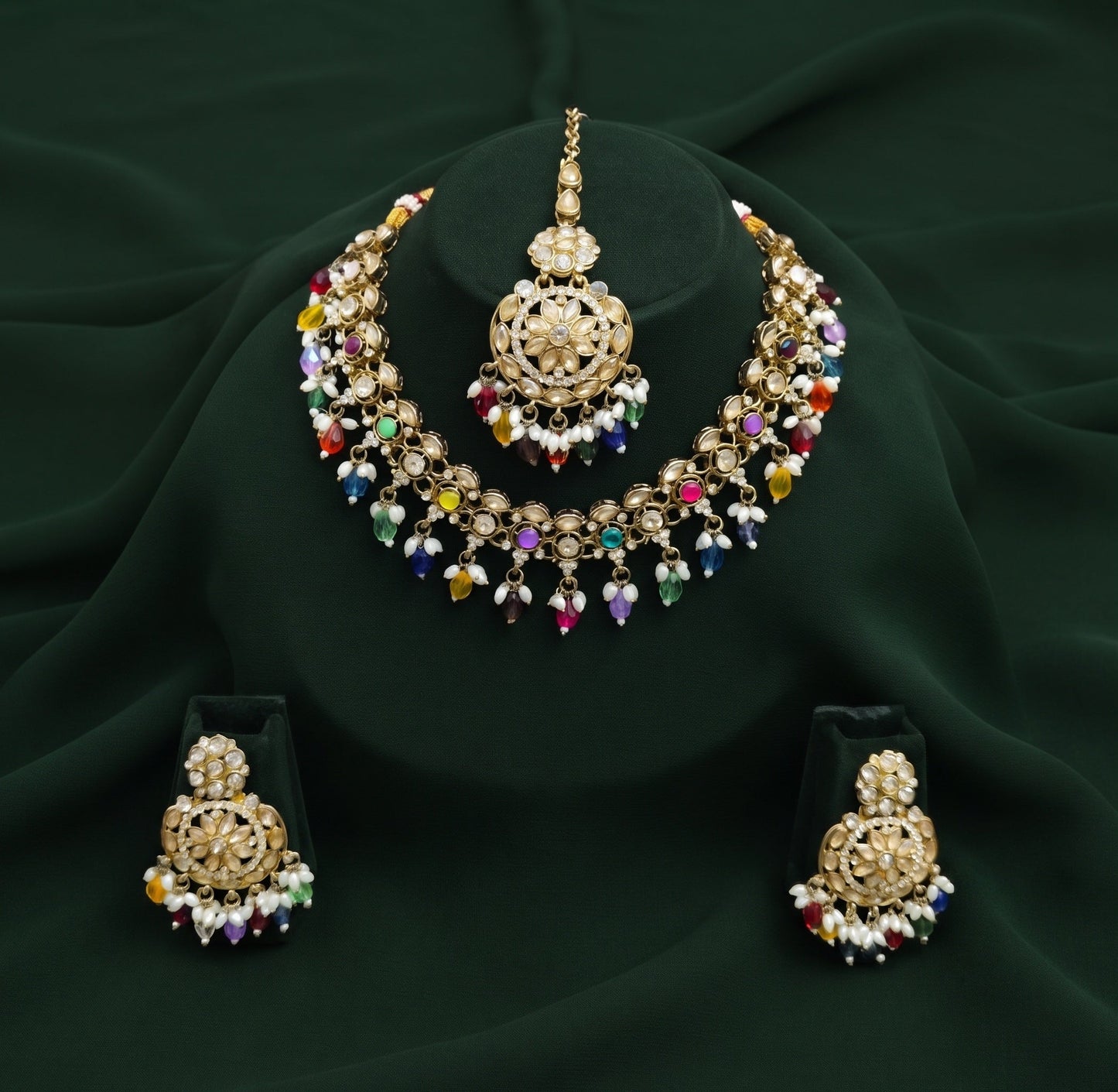 Gold Plated Multicolor Beaded Jewellery Set With Mang Tika