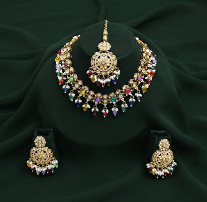 Gold Plated Multicolor Beaded Jewellery Set With Mang Tika