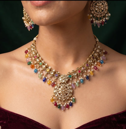 Gold Plated Multicolor Beaded Jewellery Set With Mang Tika