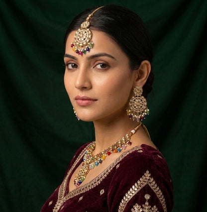 Gold Plated Multicolor Beaded Jewellery Set With Mang Tika