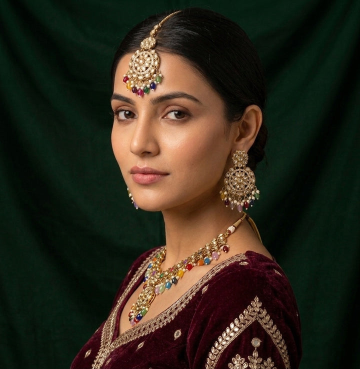Gold Plated Multicolor Beaded Jewellery Set With Mang Tika