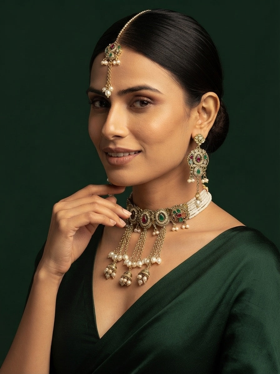 Gold Plated Kundan Beaded Choker Jewellery Set With Mang Tikka