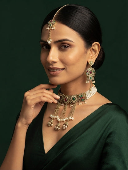 Gold Plated Kundan Beaded Choker Jewellery Set With Mang Tikka