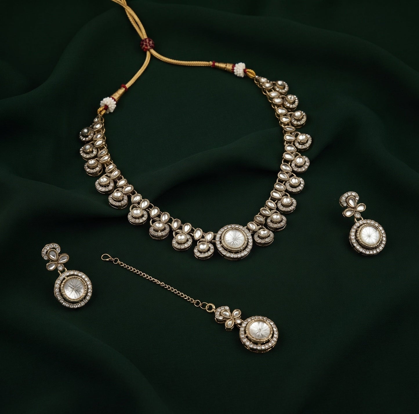 Gold Plated Kundan Beaded Jewellery Set With Mang Tika
