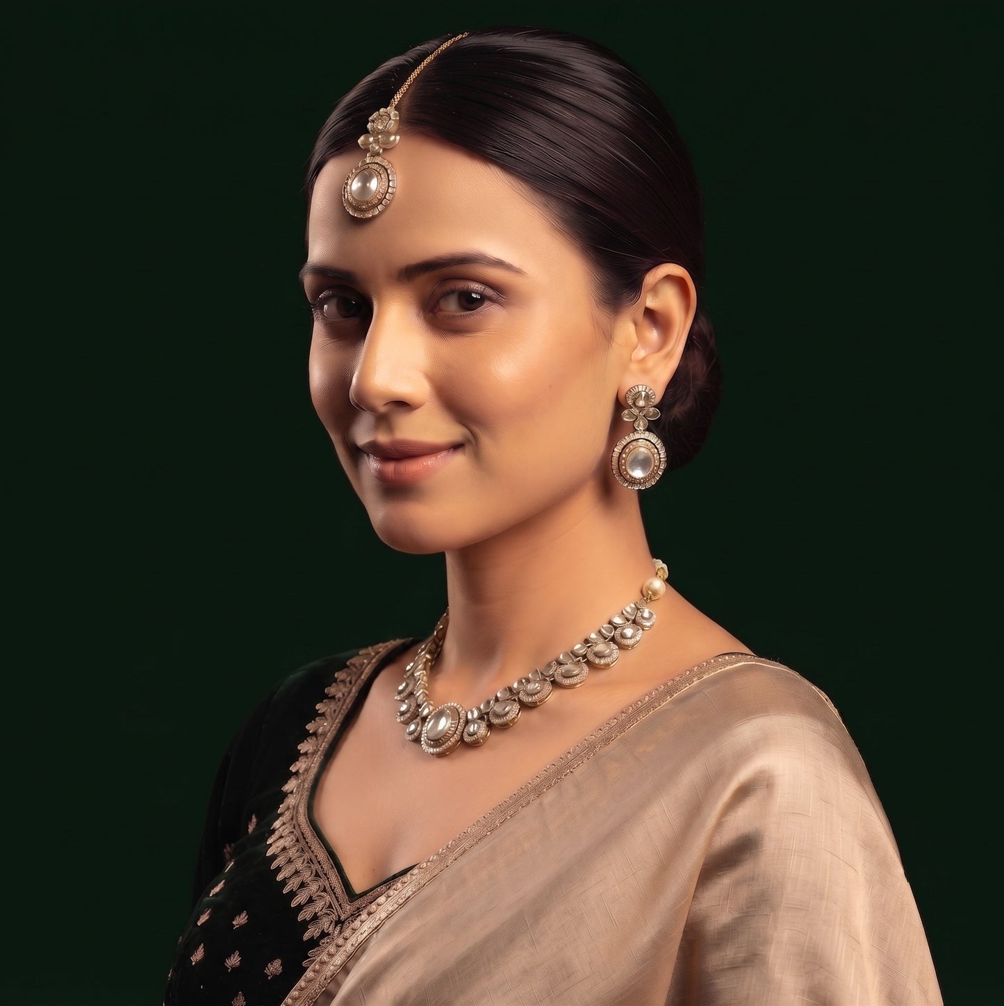 Gold Plated Kundan Beaded Jewellery Set With Mang Tika