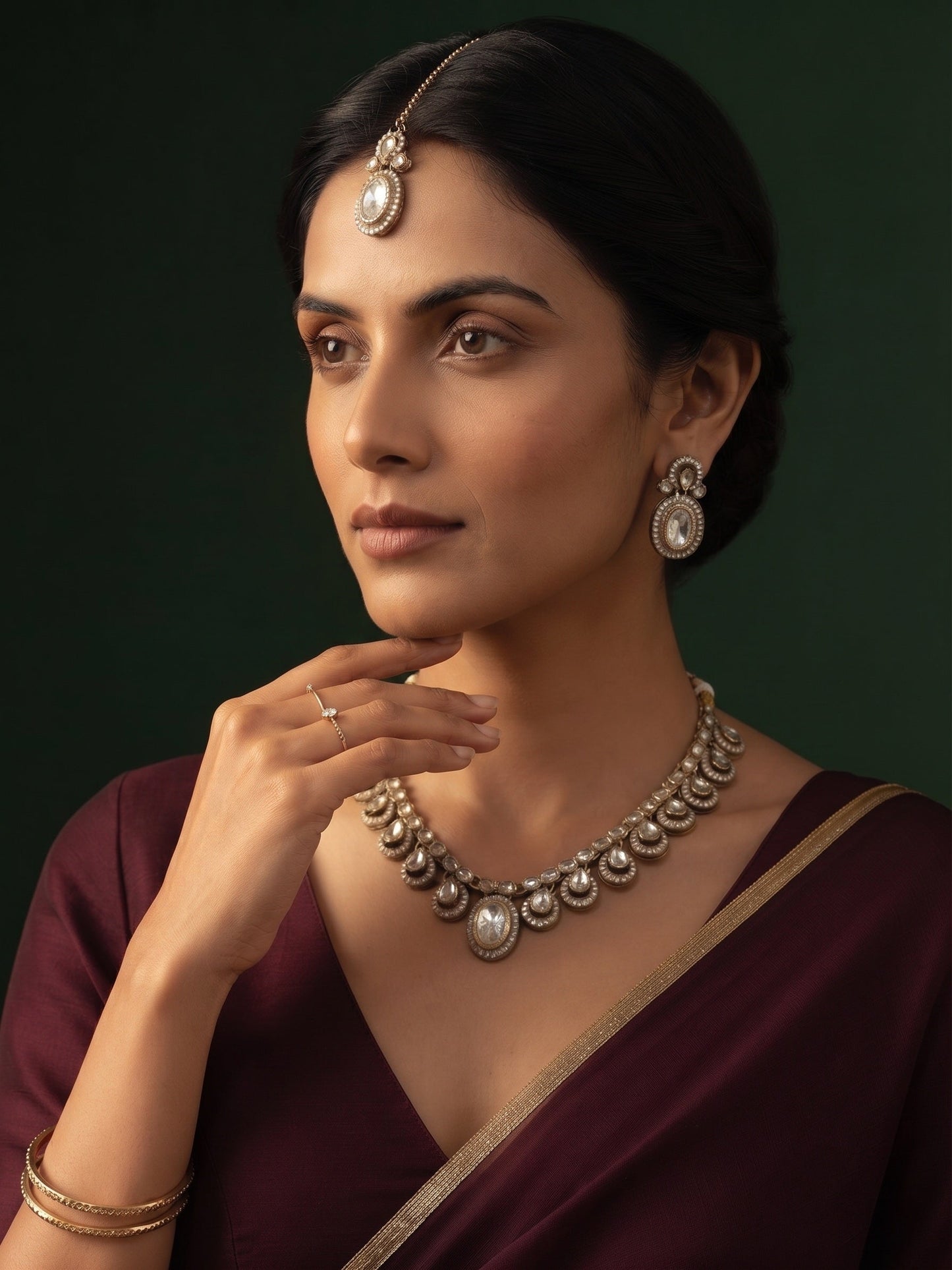 Gold Plated Kundan Beaded Jewellery Set With Mang Tika