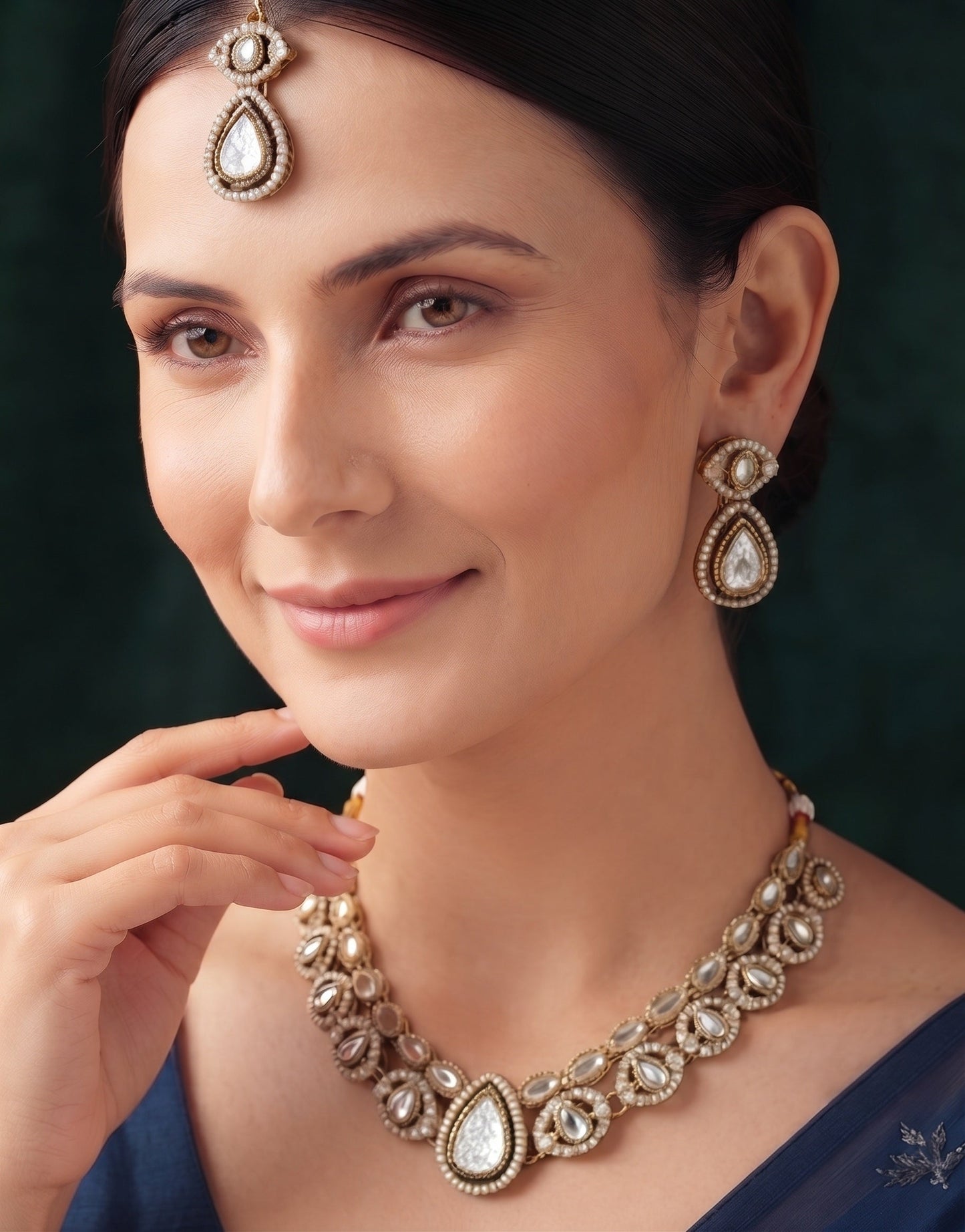 Gold Plated Kundan Beaded Jewellery Set With Mang Tika