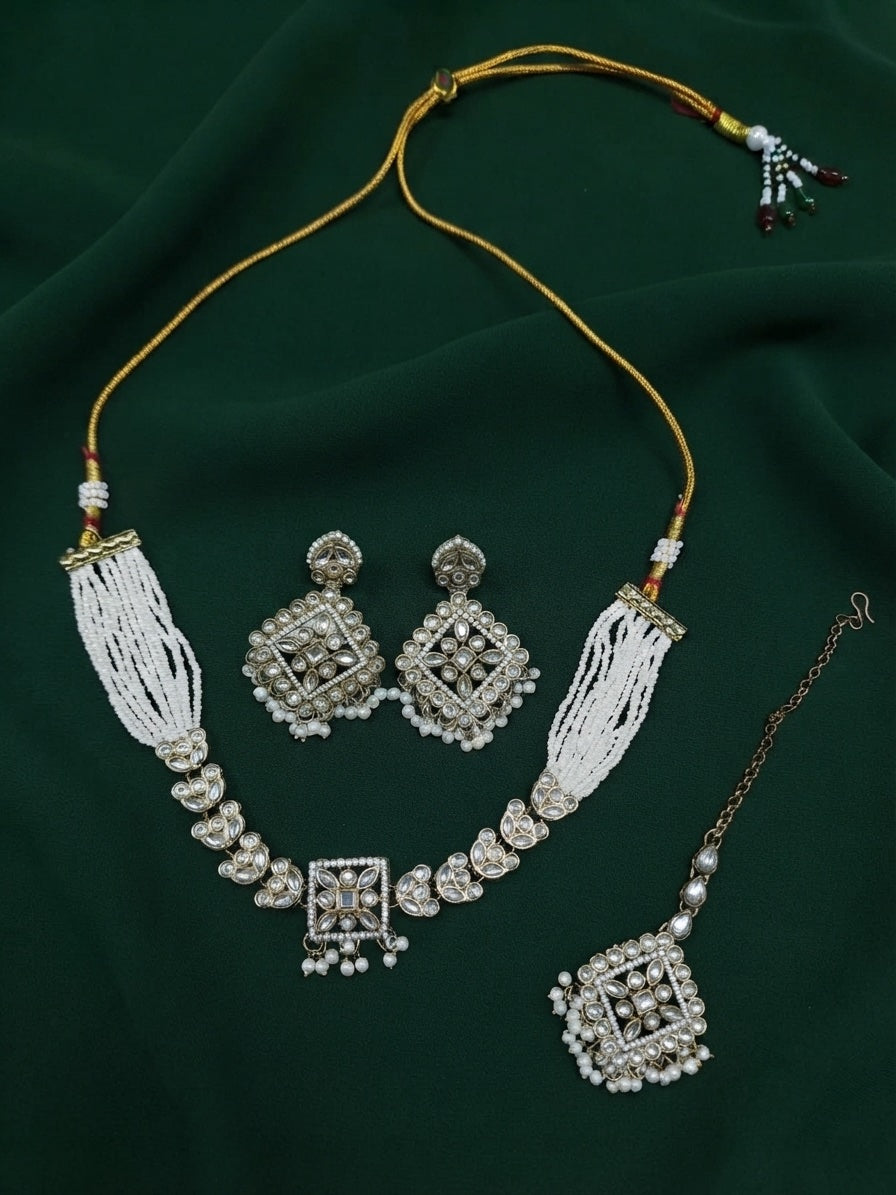 Gold Plated Kundan Beaded Jewellery Set With Mang Tika