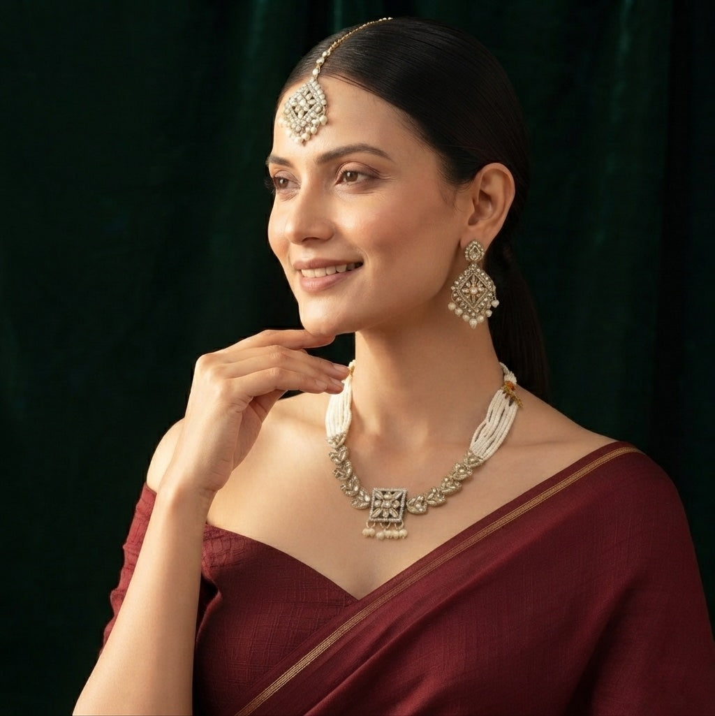 Gold Plated Kundan Beaded Jewellery Set With Mang Tika