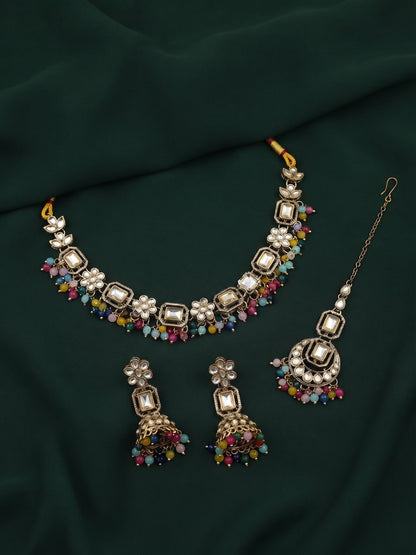 Gold Plated Multicolor Beaded Jewellery Set With Mang Tika