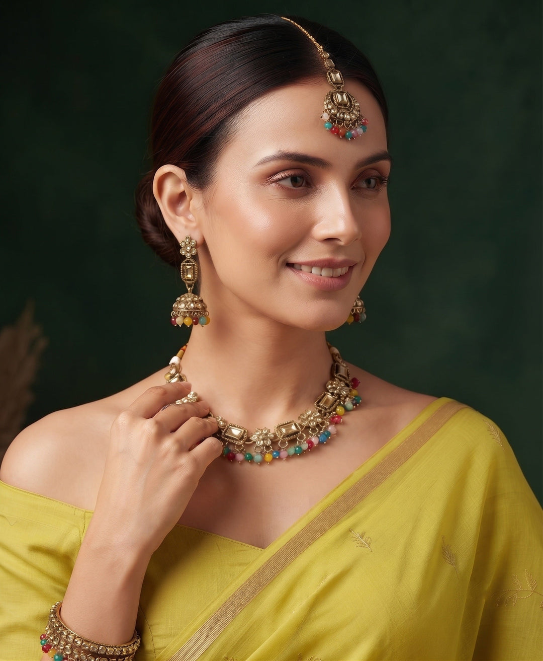 Gold Plated Multicolor Beaded Jewellery Set With Mang Tika