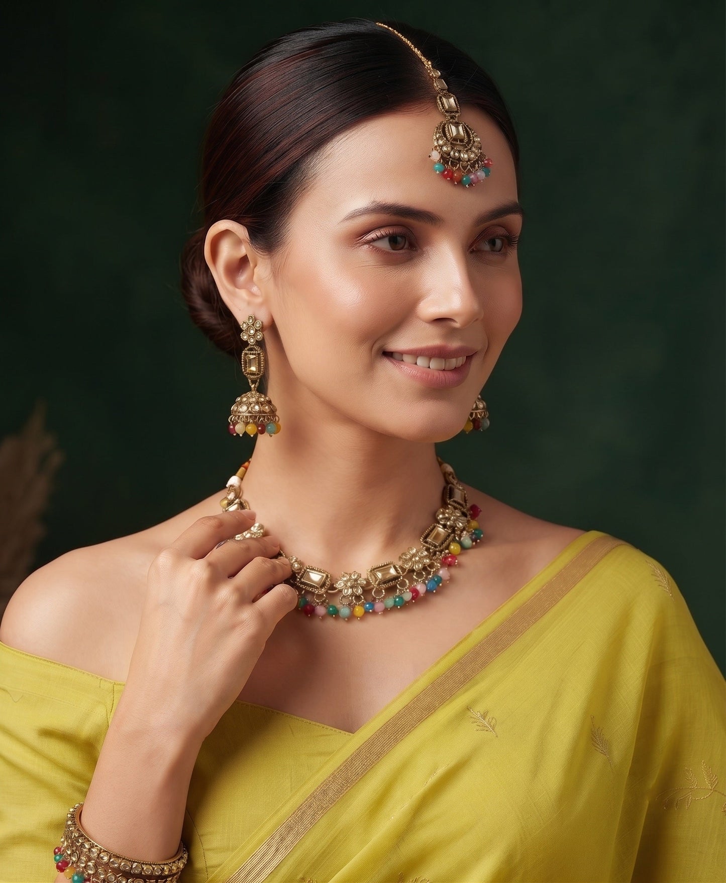 Gold Plated Multicolor Beaded Jewellery Set With Mang Tika