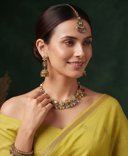 Gold Plated Multicolor Beaded Jewellery Set With Mang Tika