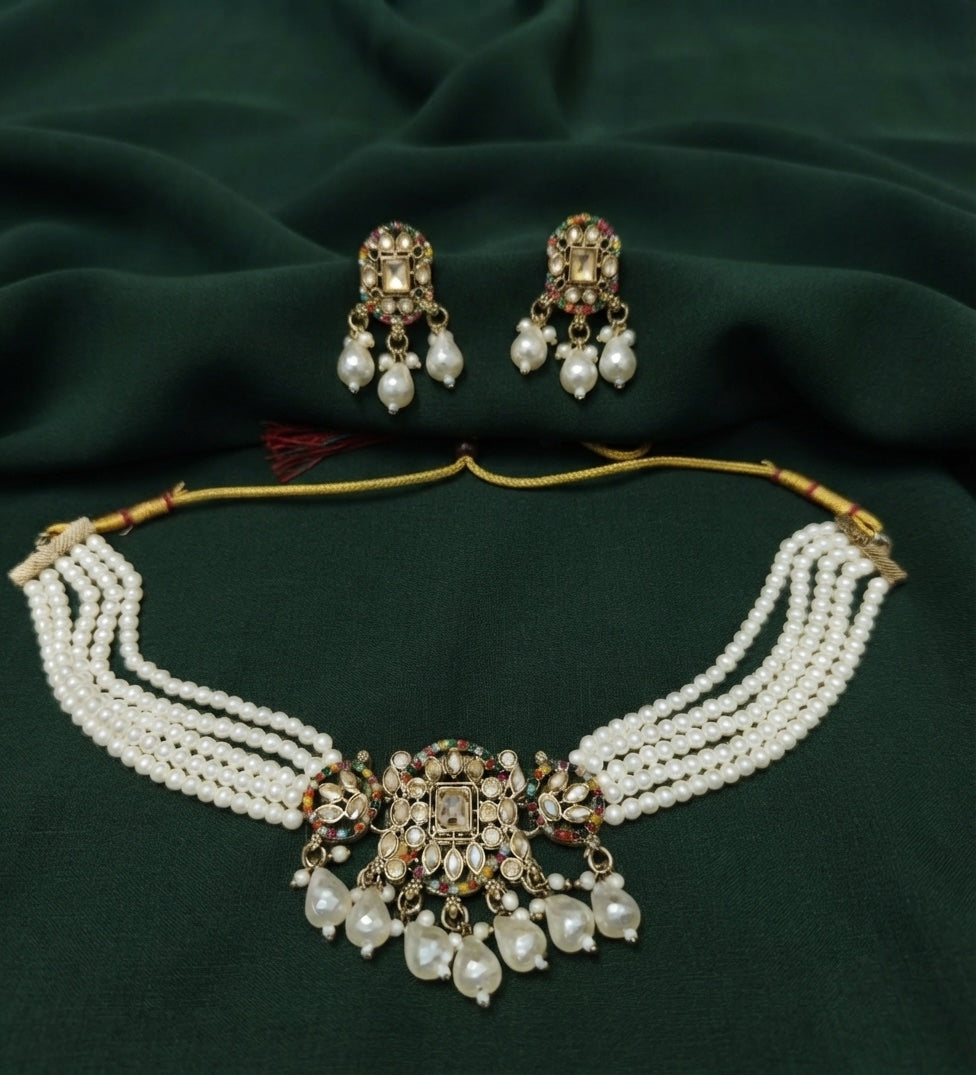 Gold Plated Pearls Choker Jewellery Set