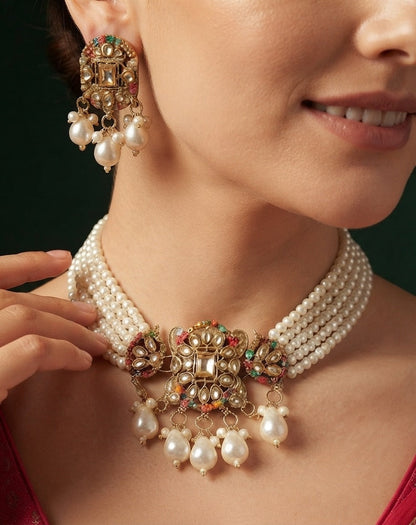Gold Plated Pearls Choker Jewellery Set