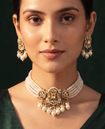 Gold Plated Pearls Choker Jewellery Set