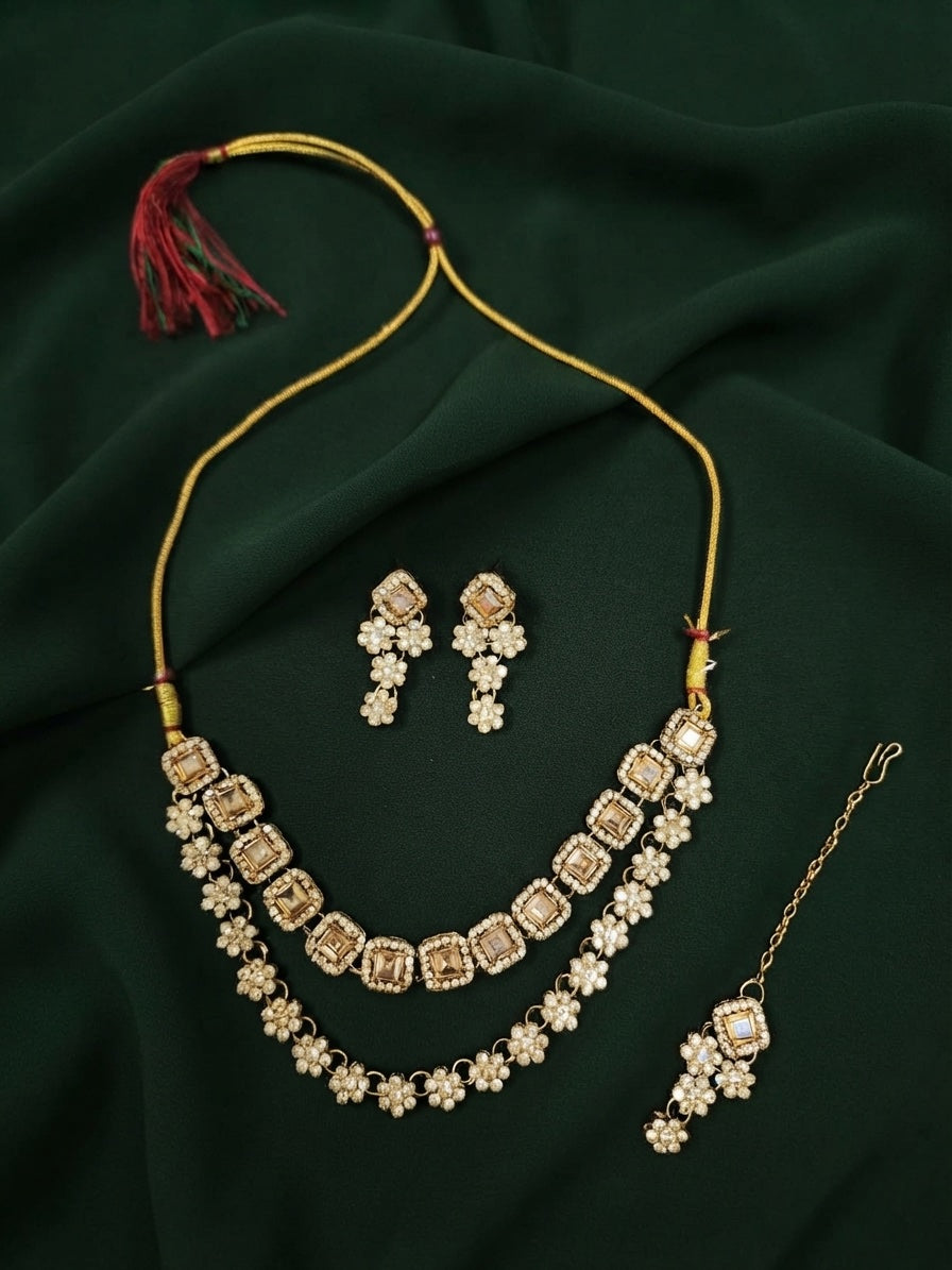 Gold Plated Kundan Beaded Jewellery Set With Mang Tikka