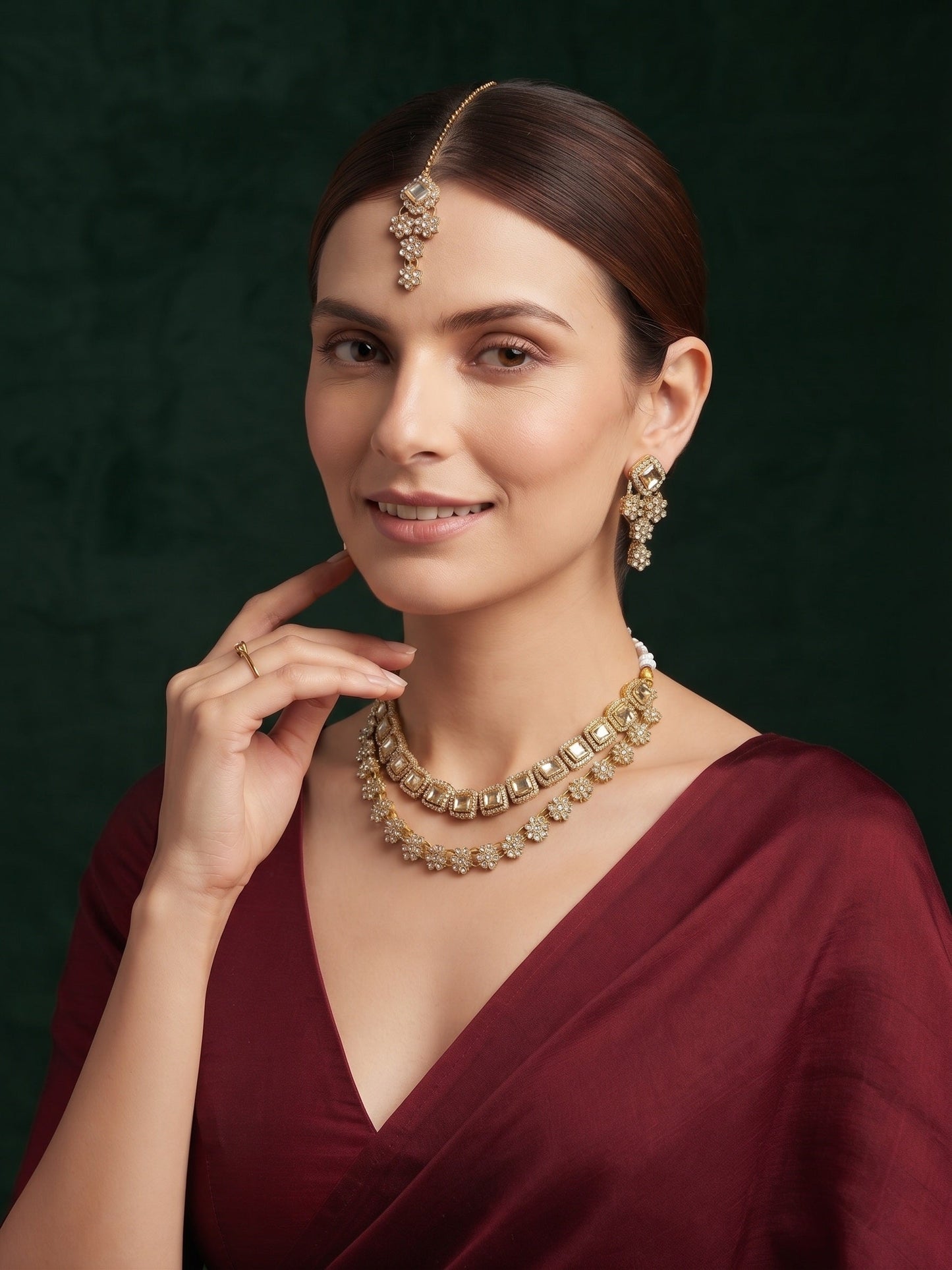 Gold Plated Kundan Beaded Jewellery Set With Mang Tikka