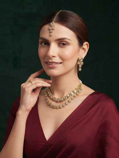 Gold Plated Kundan Beaded Jewellery Set With Mang Tikka