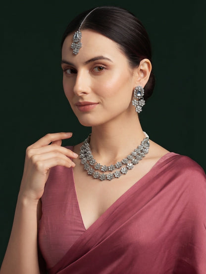 Silver Plated Kundan Beaded Jewellery Set With Mang Tikka