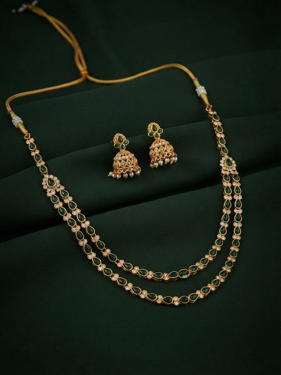 Gold-Toned Green Stone Layered Necklace with Earrings Jewellery Set