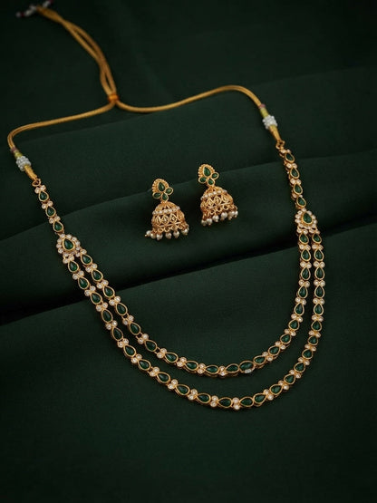 Gold-Toned Green Stone Layered Necklace with Earrings Jewellery Set