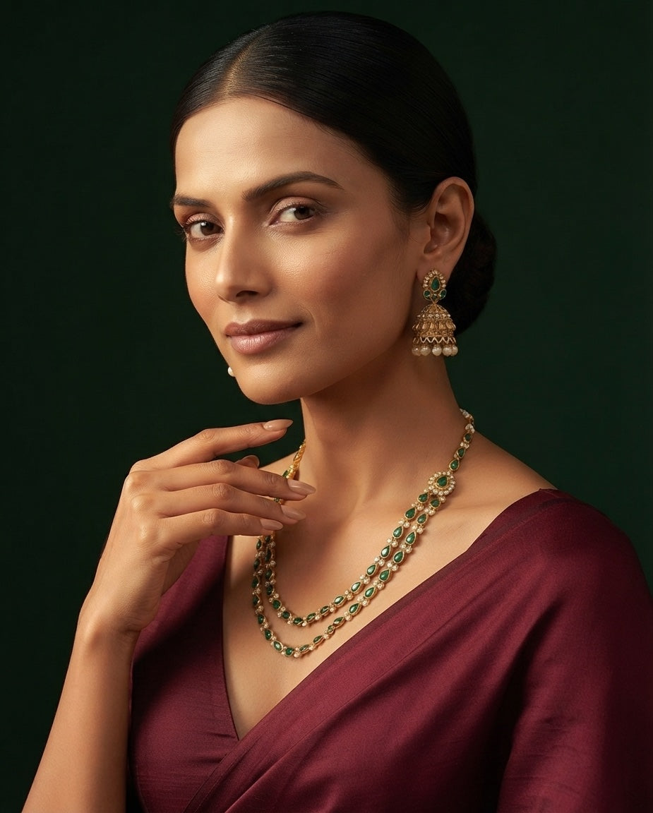 Gold-Toned Green Stone Layered Necklace with Earrings Jewellery Set