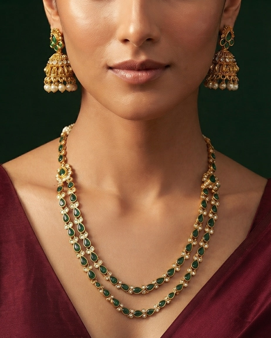 Gold-Toned Green Stone Layered Necklace with Earrings Jewellery Set