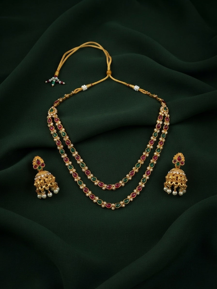 Gold-Toned Multicolor Stone Layered Necklace with Earrings Jewellery Set