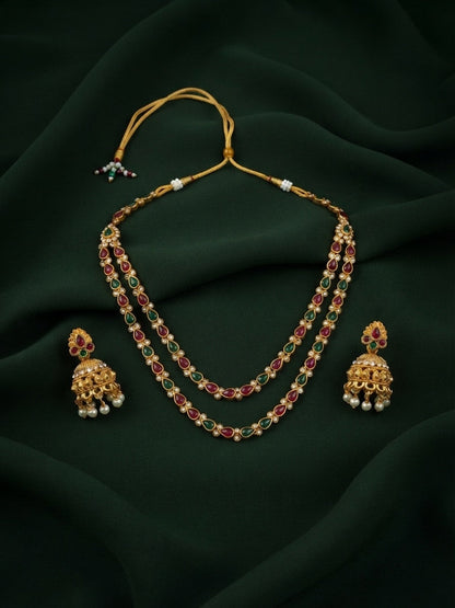 Gold-Toned Multicolor Stone Layered Necklace with Earrings Jewellery Set