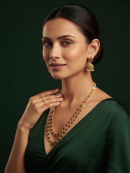 Gold-Toned Multicolor Stone Layered Necklace with Earrings Jewellery Set
